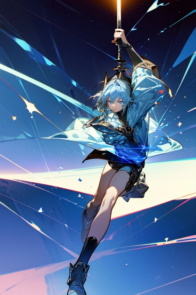 ((science fiction space fantasy)), A badass tall woman, (A female commander), ((a leader of a fleet of intergalactic armies)), White high ponytail with a glowing light blue highlights at the ends, Wielding a sword with deep blue aura, the mystical blade in her hand emitting a bright contrast blue light with a ray of energy, a futuristic intergalactic military uniform, Wearing Black shorts exposing the thighs, with a captain hat, a long simple dark boots. A masterpiece illustration, a light novel cover, best quality, best detail(Light novel illustrations), Arknights style, masterpiece, high quality, detailed.