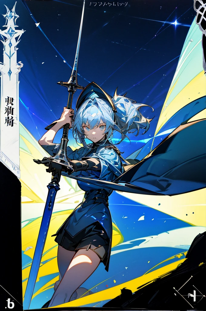 ((science fiction space fantasy)), A badass tall woman, (A female commander), ((a leader of a fleet of intergalactic armies)), White high ponytail with a glowing light blue highlights at the ends, Wielding a sword with deep blue aura, the mystical blade in her hand emitting a bright contrast blue light with a ray of energy, a futuristic intergalactic military uniform, Wearing Black shorts exposing the thighs, with a captain hat, a long simple dark boots. A masterpiece illustration, a light novel cover, best quality, best detail(Light novel illustrations), Arknights style, masterpiece, high quality, detailed.