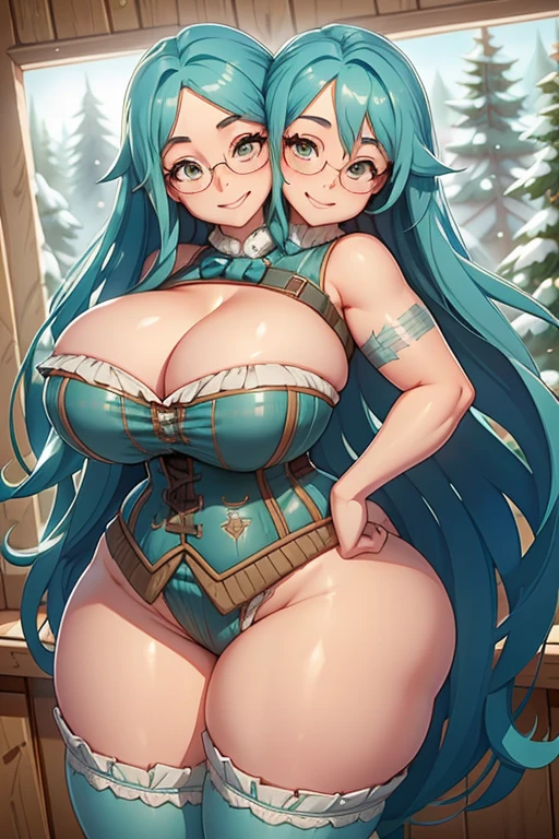 2 heads, a tall chubby woman with two heads. In a cozy cabin. Wearing corset. Cleavage. Wearing tiny skirt. Long turquoise hair. Slutty, nerdy, large circular glasses. Huge thighs. Sexy. Slim. Tattoo on breast. Happy, content. Smiling. Huge butt, giant ass. Enormous butt, massive thighs. 