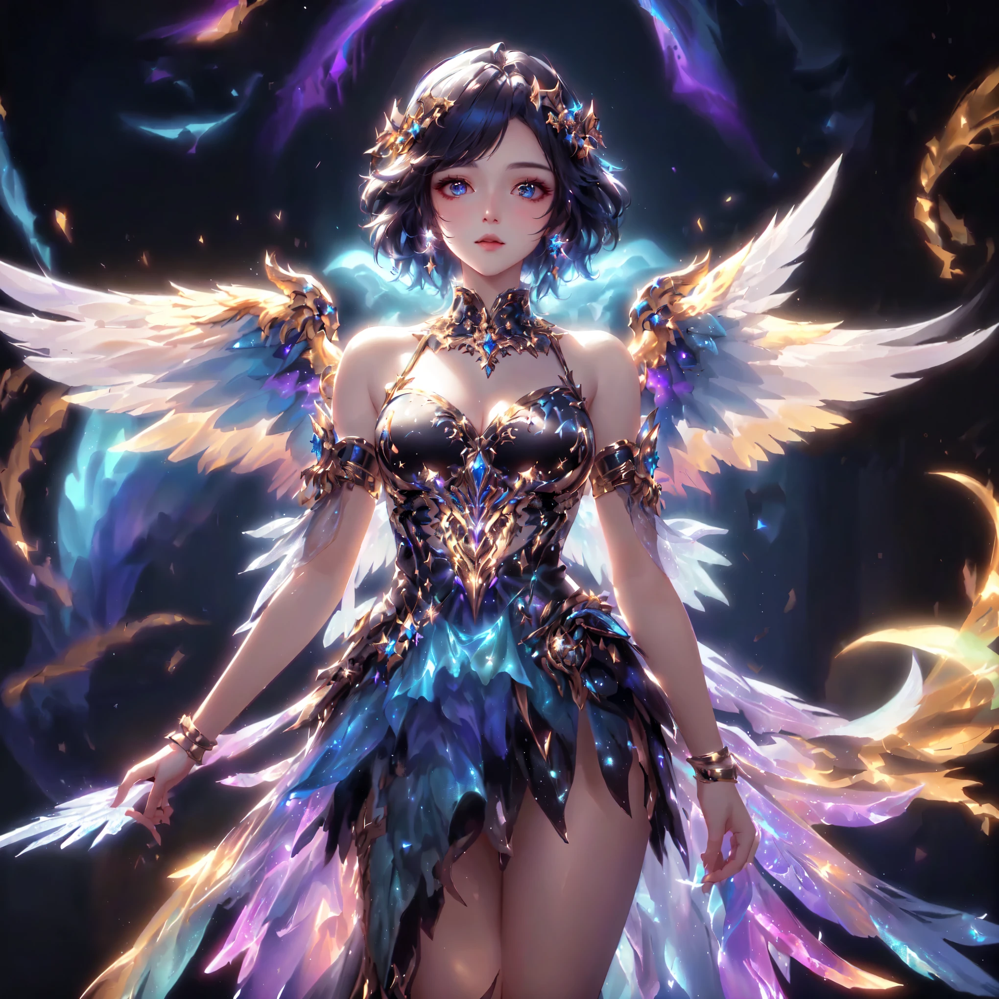 Woman in a dress with wings and a crown, Fantasy art style, By Yang J, High quality 8K detailed artwork., Like a mysterious Valkyrie, Ethereal wings, digital fantasy art ), angel on the star, Highly detailed fantasy characters, fantasy style art, epic Fantasy art style, epic Fantasy art style hd, Trending on cgstation, Fully majestic angel , realistically ,