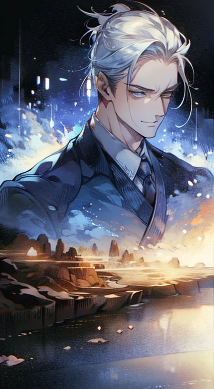 (best quality,4k,8k,highres,masterpiece:1.2),ultra-detailed,(realistic,photorealistic,photo-realistic:1.37),1 man,31 years old,mature man,very handsome,without expression,smile,short blue hair,blue eyes,penetrating gaze,perfect face without errors,imposing posture,businessman,office background,cinematic lighting,hdr image