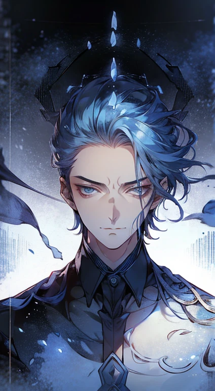 (best quality,4k,8k,highres,masterpiece:1.2),ultra-detailed,(realistic,photorealistic,photo-realistic:1.37),1 man,31 years old,mature man,very handsome,without expression,smile,short blue hair,blue eyes,penetrating gaze,perfect face without errors,imposing posture,businessman,office background,cinematic lighting,hdr image