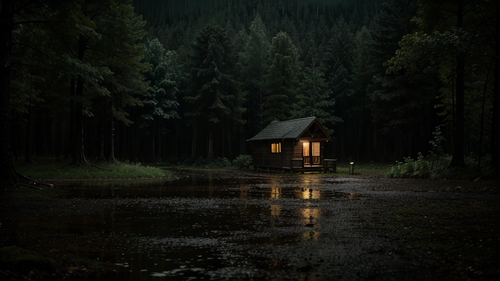 rainy night at a dark forest, small house in background, wet ground