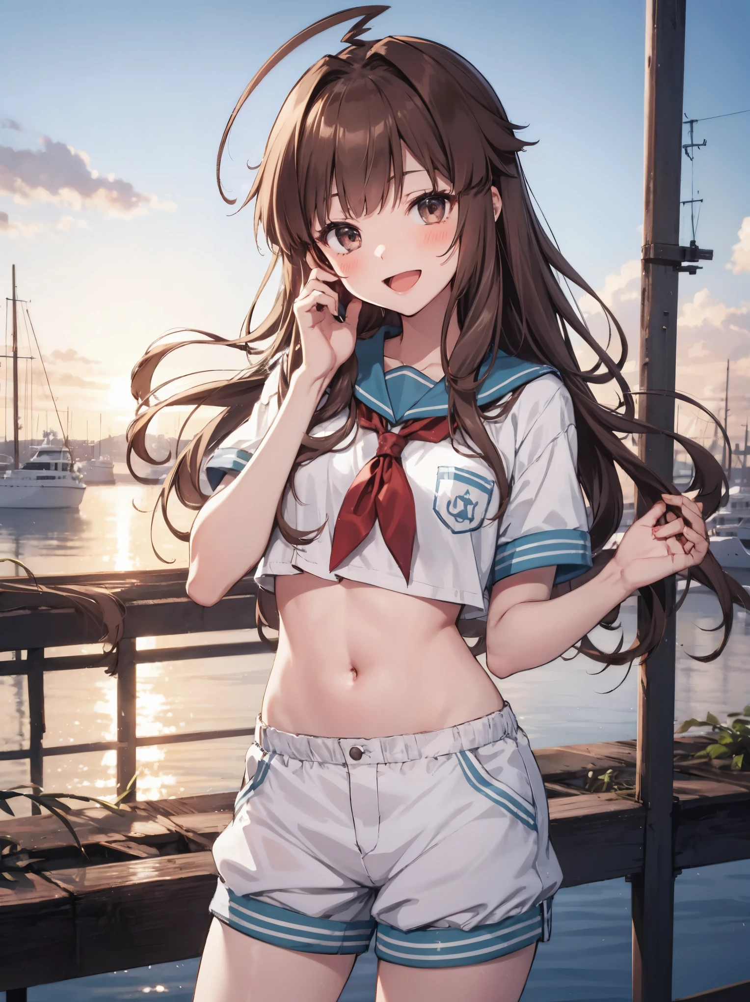 1young_teen_ girl, brown_hair, long_hair, sailor_uniform,white_ baggy_shorts, short_sleeve, thighs, small_breasts, big_smile, open_mouth, standing, harbor_background, slightly_spread_legs, happiness, covered_crotch,ahoge,XD,exciting,dynamic_posing,solo