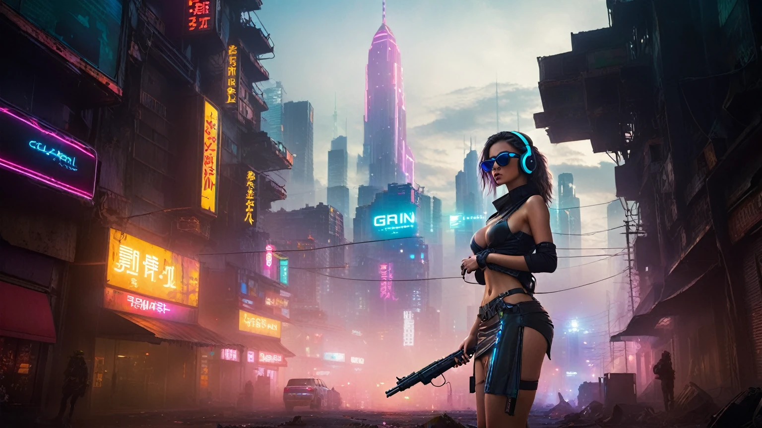 dark futuristic landscape, at night, neon lights, Atmospheric fog, large buildings in the background, futuristic city, streets with open shops, skyscraper (postapocalyptic city:1.3). (((1girl, solo, alone))), large-breast:1.2 slim body, cleavage:1.1, sexy miniskirt, (((headphone, black sunglasses, standing and holding pistol pose))), (((half-body thigh level medium shot))), cinematic lighting, lens flare, ray tracing.