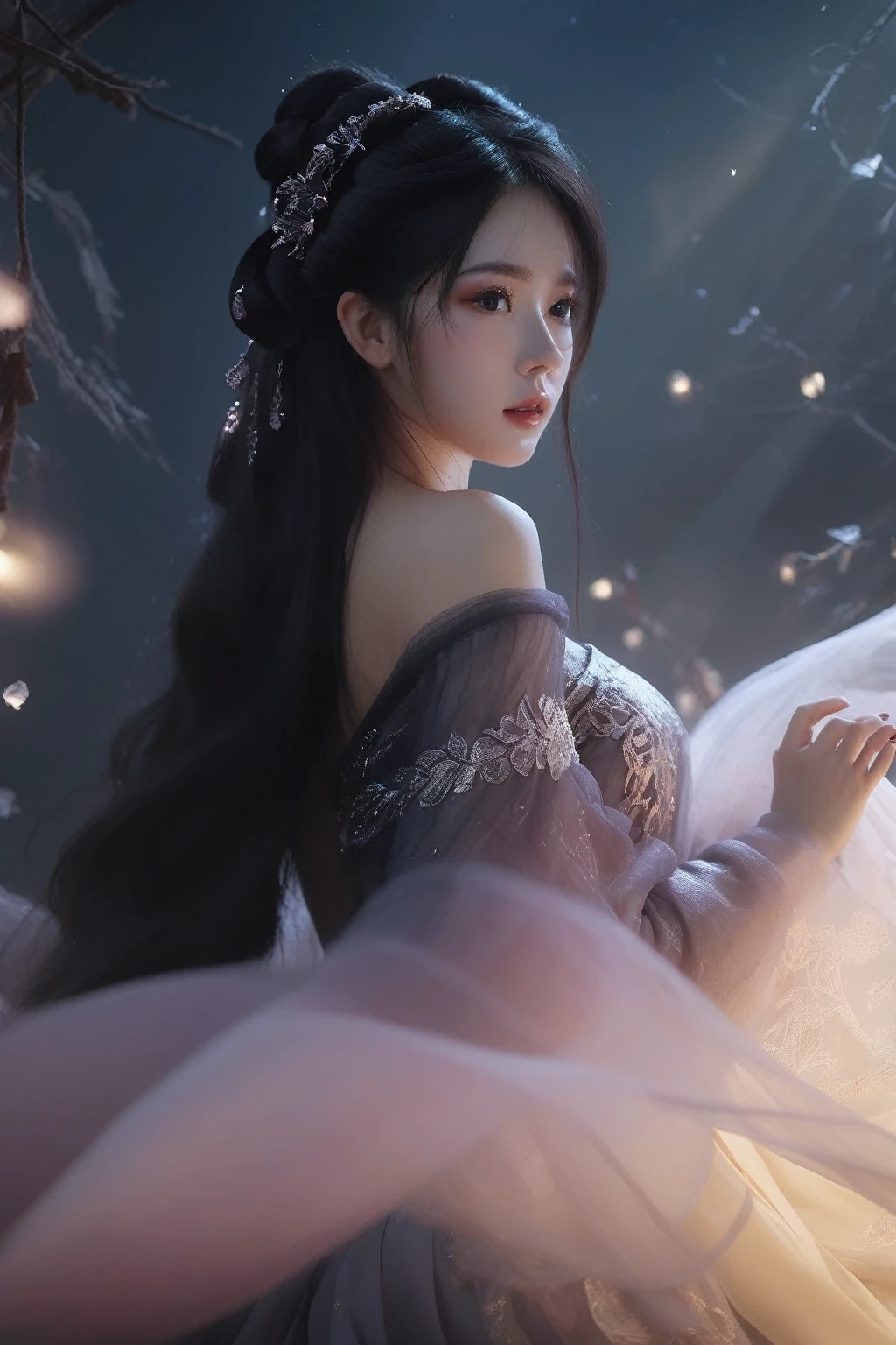 Ultra HD, 8K, Extremely detailed, Photos of Dark Fantasy Art, Girl in tulle skirt,making eye contact, dark, Moody, dark fantasy style, Beautiful Lights, great composition