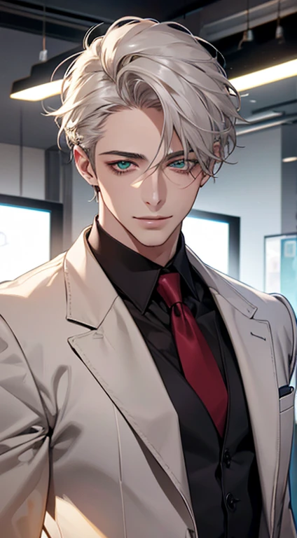 (Highest quality,4K,8K,High resolution,masterpiece:1.2),Super detailed,(Realistic,photoRealistic,photo-Realistic:1.37),1 person,34 years old,Mature Men,Beautiful skin、very handsome,Expressionless smile in love,Short white hair,green eyes,Sharp Eyes,A perfect face without a doubt,Businessman, CEO, Office Background,Cinema Lighting,HDR image,tie、