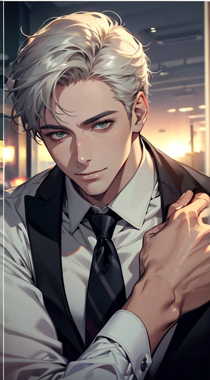 (Highest quality,4K,8K,High resolution,masterpiece:1.2),Super detailed,(Realistic,photoRealistic,photo-Realistic:1.37),1 person,34 years old,Mature Men,Beautiful skin、very handsome,Expressionless smile in love,Short white hair,green eyes,Sharp Eyes,A perfect face without a doubt,Businessman, CEO, Office Background,Cinema Lighting,HDR image,tie、