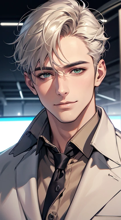 (Highest quality,4K,8K,High resolution,masterpiece:1.2),Super detailed,(Realistic,photoRealistic,photo-Realistic:1.37),1 person,34 years old,Mature Men,Beautiful skin、very handsome,Expressionless smile in love,Short white hair,green eyes,Sharp Eyes,A perfect face without a doubt,Businessman, CEO, Office Background,Cinema Lighting,HDR image,tie、