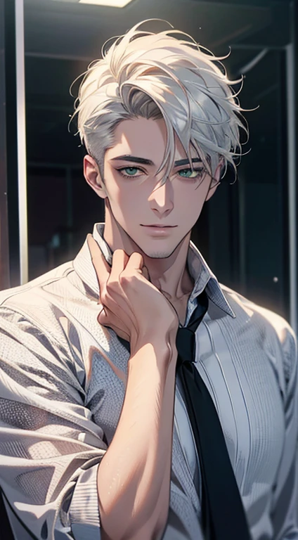(Highest quality,4K,8K,High resolution,masterpiece:1.2),Super detailed,(Realistic,photoRealistic,photo-Realistic:1.37),1 person,34 years old,Mature Men,Beautiful skin、very handsome,Expressionless smile in love,Short white hair,green eyes,Sharp Eyes,A perfect face without a doubt,Businessman, CEO, Office Background,Cinema Lighting,HDR image,tie、