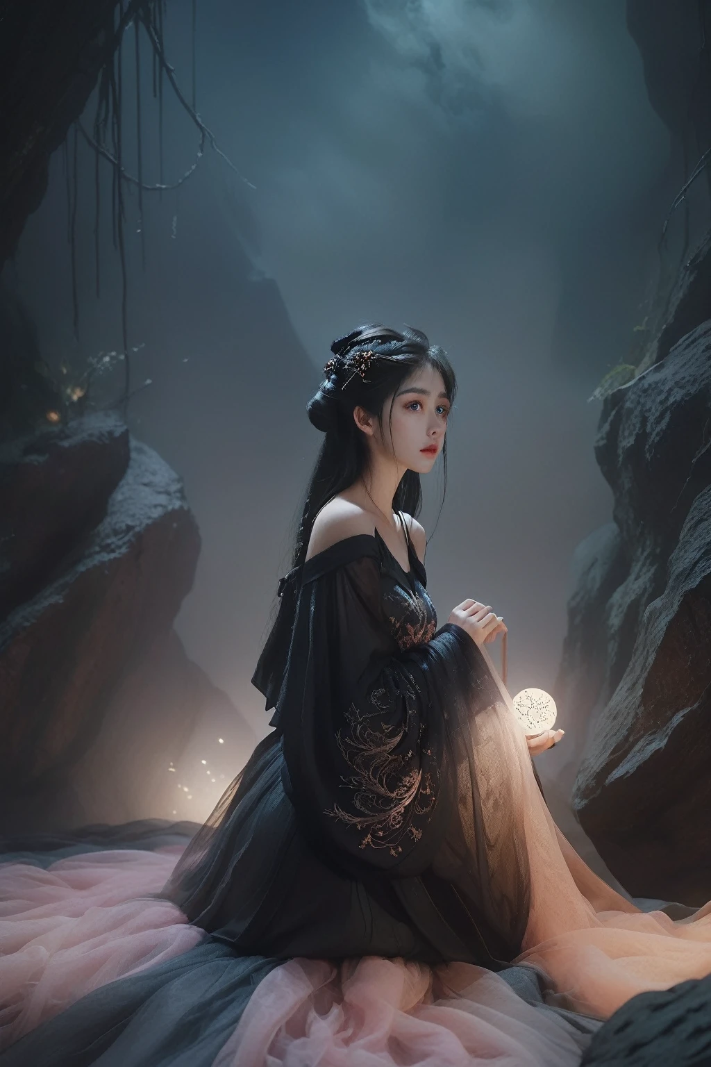 Ultra HD, 8K, Extremely detailed, Photos of Dark Fantasy Art, Girl in tulle skirt,making eye contact, dark, Moody, dark fantasy style, Beautiful Lights, great composition