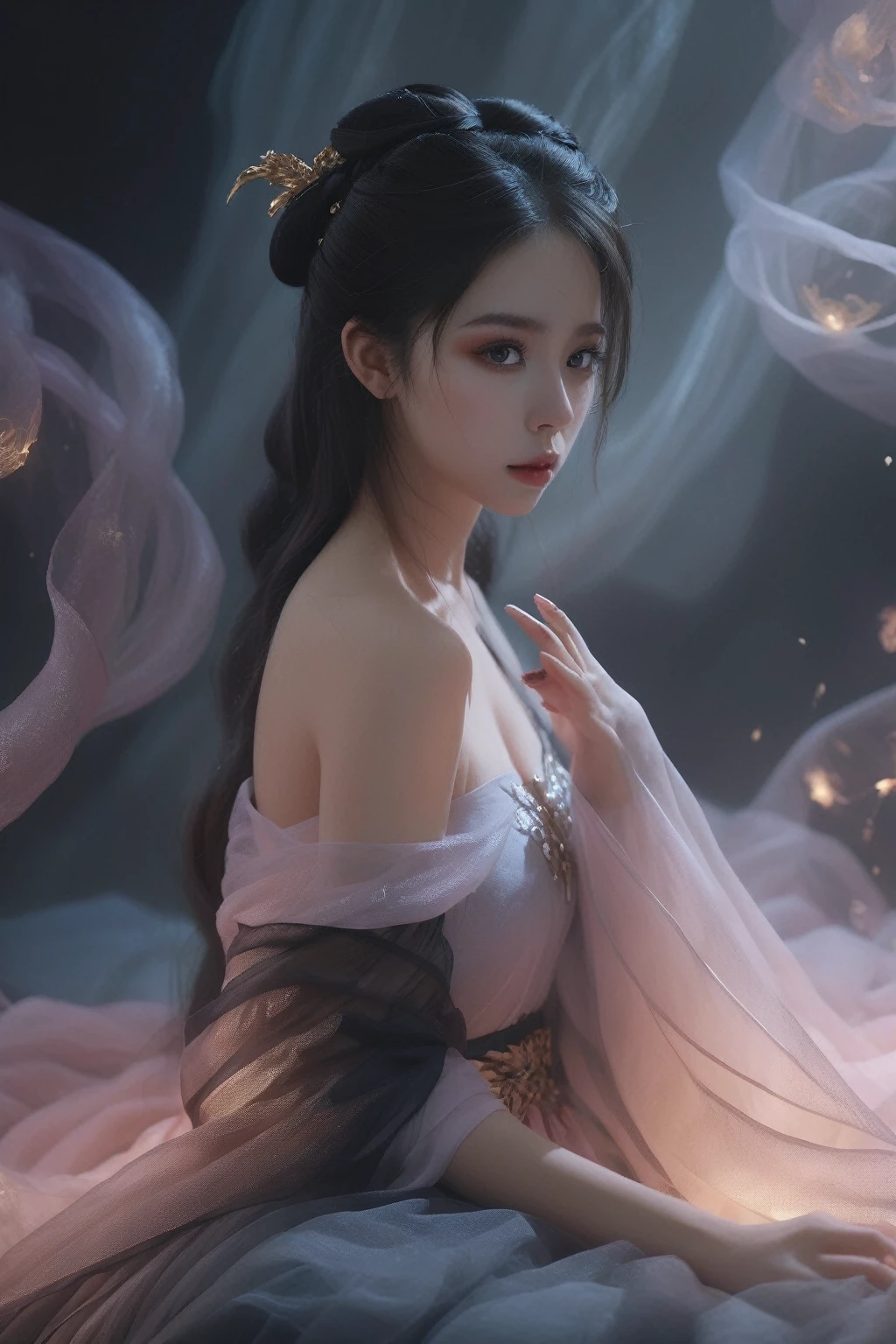 Ultra HD, 8K, Extremely detailed, Photos of Dark Fantasy Art, Girl in tulle skirt,making eye contact, dark, Moody, dark fantasy style, Beautiful Lights, great composition