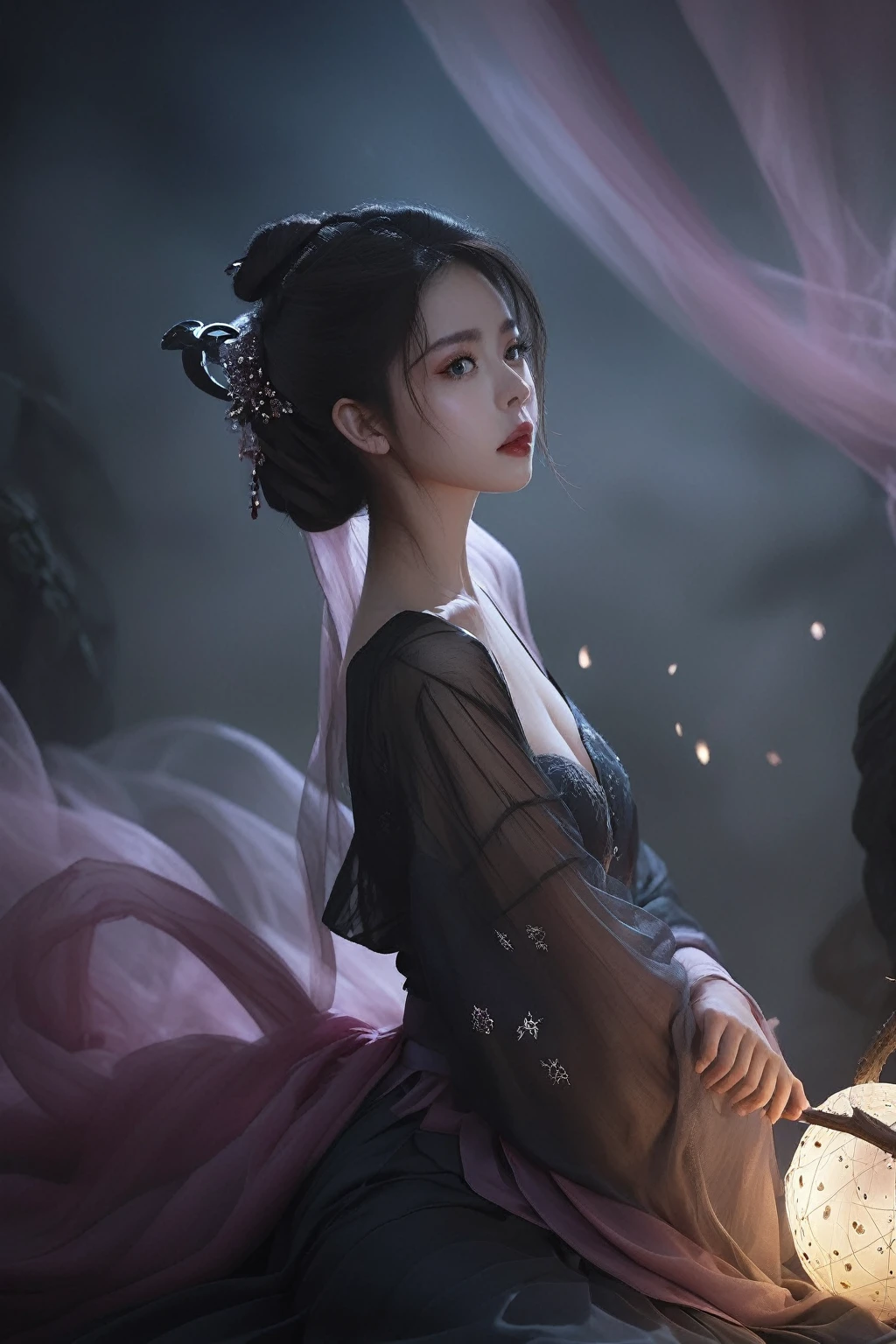 Ultra HD, 8K, Extremely detailed, Photos of Dark Fantasy Art, Girl in tulle skirt,making eye contact, dark, Moody, dark fantasy style, Beautiful Lights, great composition
