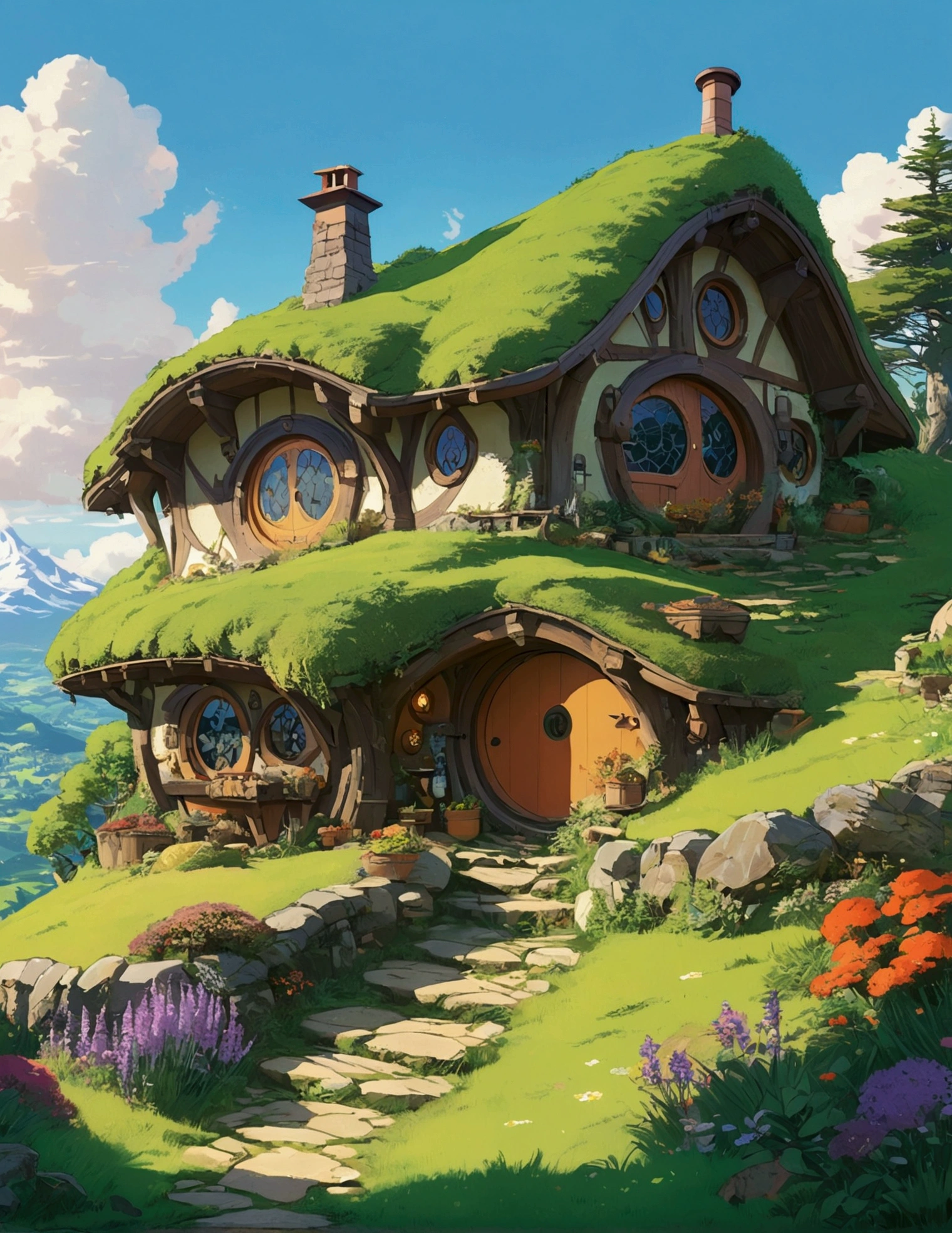 Realistic, real life, beautiful hobbit house on the hill, style of laurie greasley, studio ghibli, akira toriyama, james gilleard, genshin impact, trending pixiv fanbox, acrylic palette knife, 4k, vibrant colors, devinart, trending on artstation