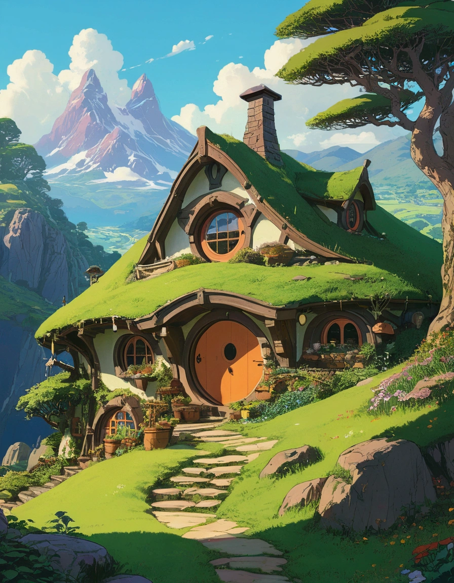 Realistic, real life, beautiful hobbit house on the hill, style of laurie greasley, studio ghibli, akira toriyama, james gilleard, genshin impact, trending pixiv fanbox, acrylic palette knife, 4k, vibrant colors, devinart, trending on artstation