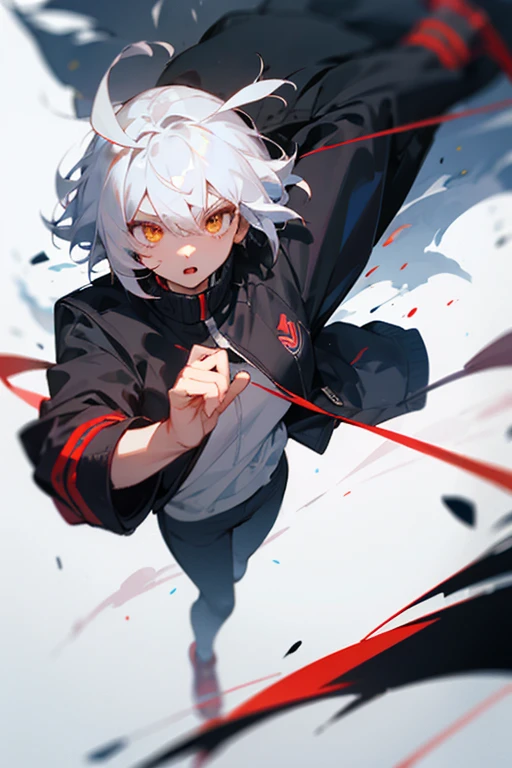 Half-Demon Girl, short white hair, tomboy, eyes black, sports jacket
