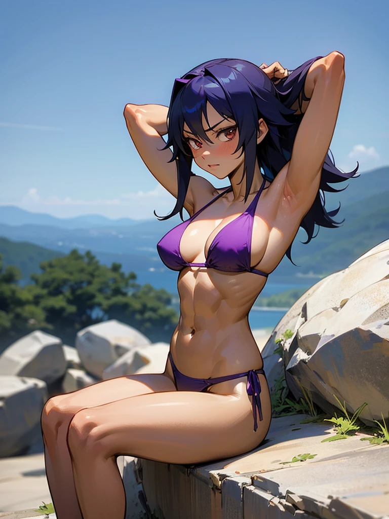 18 year old Yoruichi Shihōin from Bleach with tanned skin in a purple thong bikini flexing her muscles with her hands behind her head so they are not visible to pridefully show off her rock hard abs and sitting on on a mountain ledge, highly detailed 