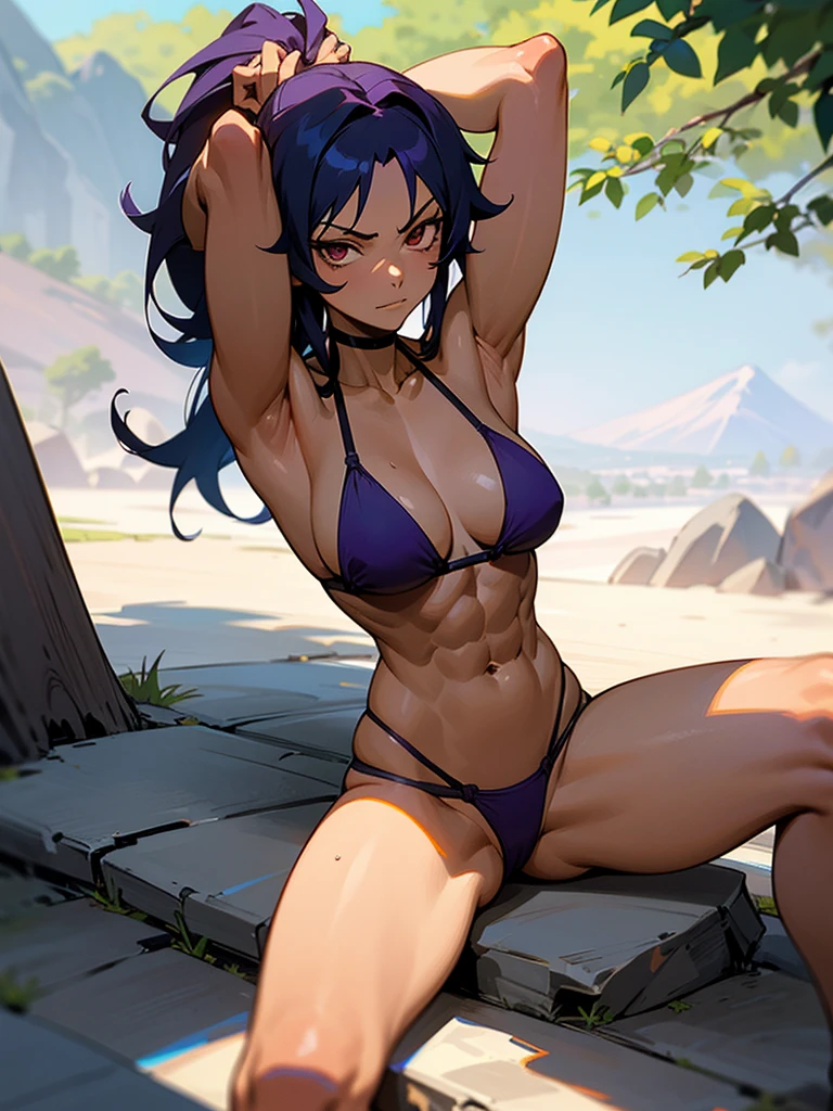 18 year old Yoruichi Shihōin from Bleach with tanned skin in a purple thong bikini flexing her muscles with her hands behind her head so they are not visible to pridefully show off her rock hard abs and sitting on on a mountain ledge, highly detailed