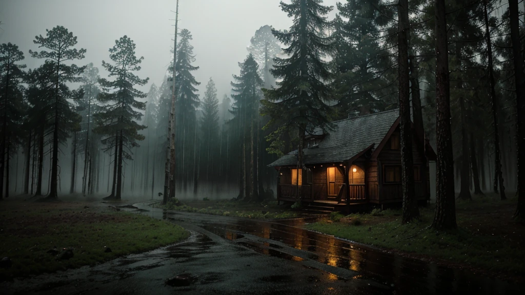 rainy night at a dark forest, small house in background, wet ground, foggy