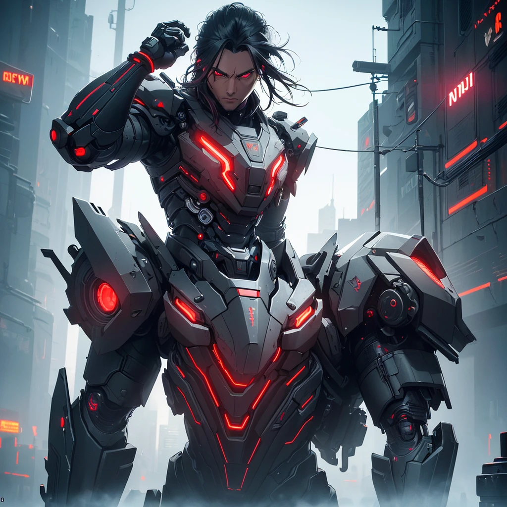 a futuristic cowboy with red eyes, dark grey hair, one mechanical arm, intricate cyberpunk details, dramatic lighting, cinematic composition, (best quality,4k,8k,highres,masterpiece:1.2),ultra-detailed,(realistic,photorealistic,photo-realistic:1.37),cinematic lighting,dramatic shadows,volumetric fog,highly detailed mechanical arm,neon cyberpunk cityscape,glowing futuristic elements