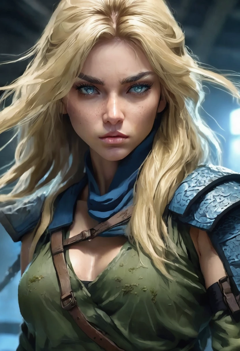 1 woman, inside a manual weapons room, wearing moss green ninja clothing, detailed facial features, feminine blue eyes, detailed light skin, very long blonde hair, image showing full body, dramatic lighting, cinematic composition, cold palette , dark colors , atmospheric fog, strong body, thin chin, (best quality, 4K, 8K, high resolution, art: 1.2), ultra-detailed, (realistic, photorealistic, photorealistic: 1, 37)