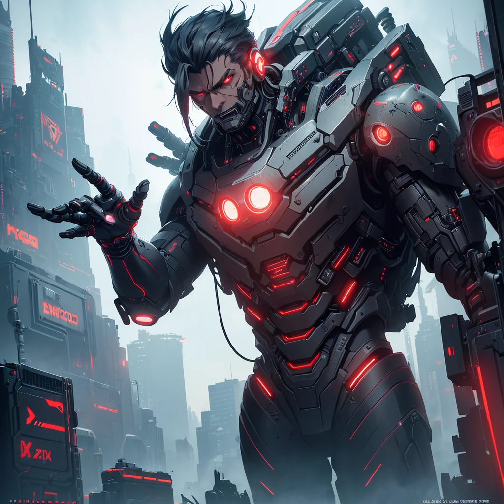 a futuristic cowboy with red eyes, dark grey hair, one mechanical arm, intricate cyberpunk details, dramatic lighting, cinematic composition, (best quality,4k,8k,highres,masterpiece:1.2),ultra-detailed,(realistic,photorealistic,photo-realistic:1.37),cinematic lighting,dramatic shadows,volumetric fog,highly detailed mechanical arm,neon cyberpunk cityscape,glowing futuristic elements