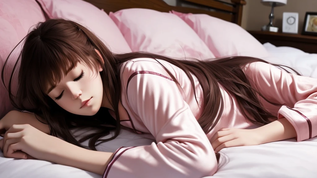 Sleeping girl, 22 years old, Realistic, Lie down in bed，Wear pink pajamas，Brown hair.