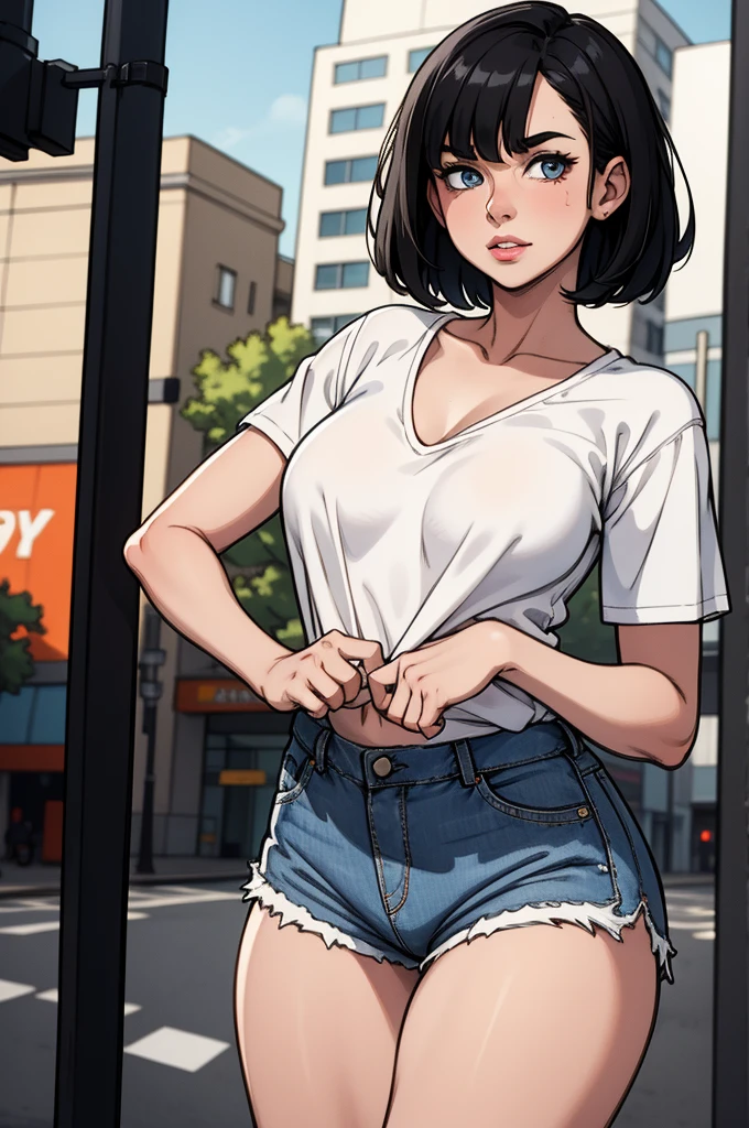 1girl, flat chest, short black hair, blue eyes, wearing plain white shirt, denim shorts, city, absurdres, high res, ultrasharp, 8K, masterpiece, looking at viewer