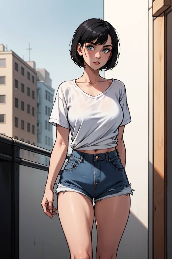 1girl, flat chest, short black hair, blue eyes, wearing plain white shirt, denim shorts, city, absurdres, high res, ultrasharp, 8K, masterpiece, looking at viewer