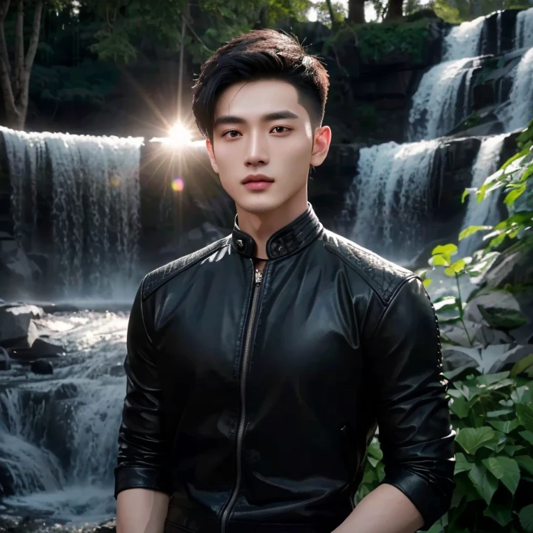 Aaraf wearing a black leather jacket stands in front of a waterfall., Inspiration from Zhang Han, Ryan Jia, Handsome Chad Chin, Inspiration from Guan Tao Sheng, Yanjun Chengt, Inspiration from Kongsian, Ruanjian, Xindong Chen, Inspiration from Huang Gongguang, Inspiration from Daijin, handsome man,short hairสีดำ ภาพระยะใกล้, Southeast Asian man with a round face,black eyes, short hair, Mohawk hair, abdominal muscles, perfect body, outdoor, Warm light, The morning sun shines beautifully., (digital painting, HDR, high contrast), 3d, 8k, 45,000,000 pixcls, realistically,