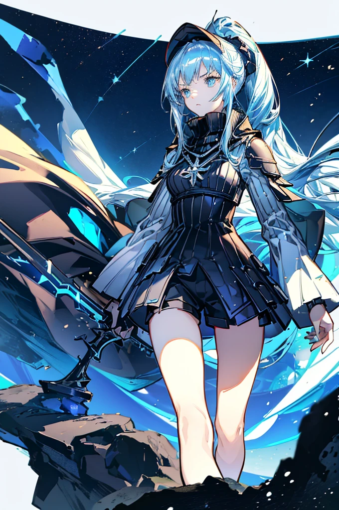 ((science fiction space fantasy)), A badass tall woman, (A female commander), ((a leader of a fleet of intergalactic armies)), White high ponytail with a glowing light blue highlights at the ends, Wielding a sword with deep blue aura, the mystical blade in her hand emitting a bright contrast blue light with a ray of energy, a futuristic intergalactic military uniform, Wearing Black shorts exposing the thighs, with a captain hat, a long simple dark boots. A masterpiece illustration, a light novel cover, best quality, best detail(Light novel illustrations), Arknights style, masterpiece, high quality, detailed.