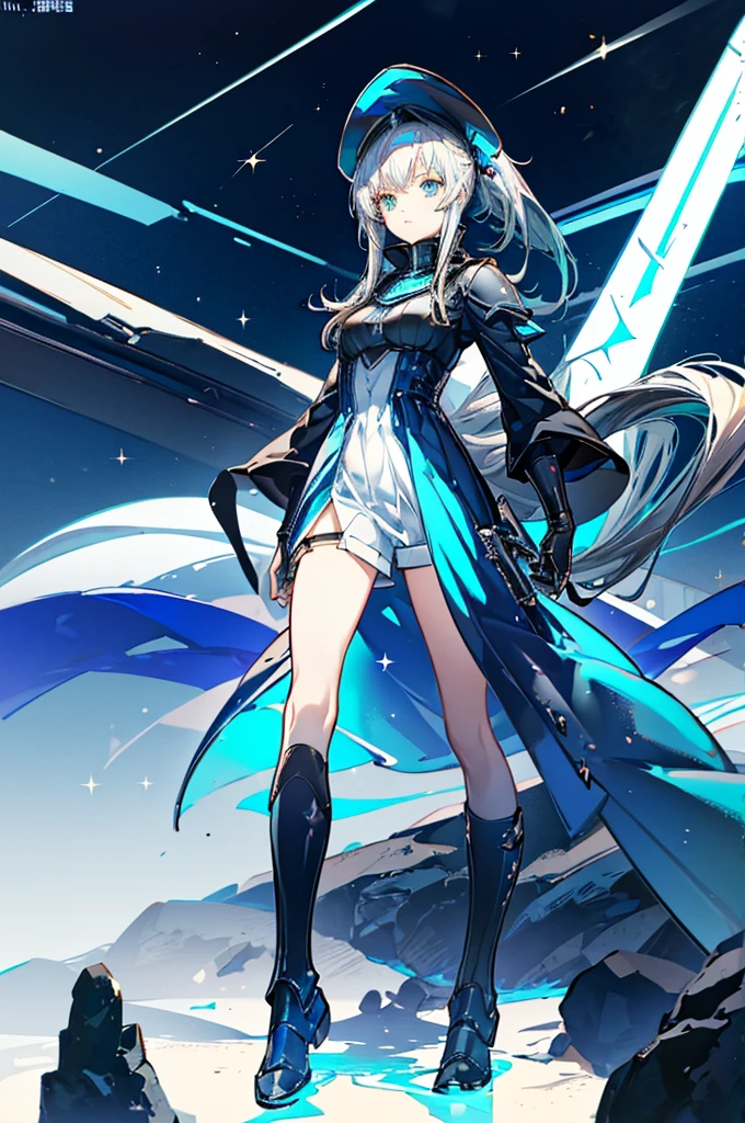 ((science fiction space fantasy)), A badass tall woman, (A female commander), ((a leader of a fleet of intergalactic armies)), White high ponytail with a glowing light blue highlights at the ends, Wielding a sword with deep blue aura, the mystical blade in her hand emitting a bright contrast blue light with a ray of energy, a futuristic intergalactic military uniform, Wearing Black shorts exposing the thighs, with a captain hat, a long simple dark boots. A masterpiece illustration, a light novel cover, best quality, best detail(Light novel illustrations), Arknights style, masterpiece, high quality, detailed.