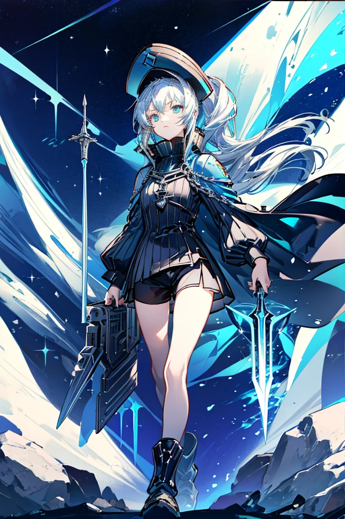 ((science fiction space fantasy)), A badass tall woman, (A female commander), ((a leader of a fleet of intergalactic armies)), White high ponytail with a glowing light blue highlights at the ends, Wielding a sword with deep blue aura, the mystical blade in her hand emitting a bright contrast blue light with a ray of energy, a futuristic intergalactic military uniform, Wearing Black shorts exposing the thighs, with a captain hat, a long simple dark boots. A masterpiece illustration, a light novel cover, best quality, best detail(Light novel illustrations), Arknights style, masterpiece, high quality, detailed.