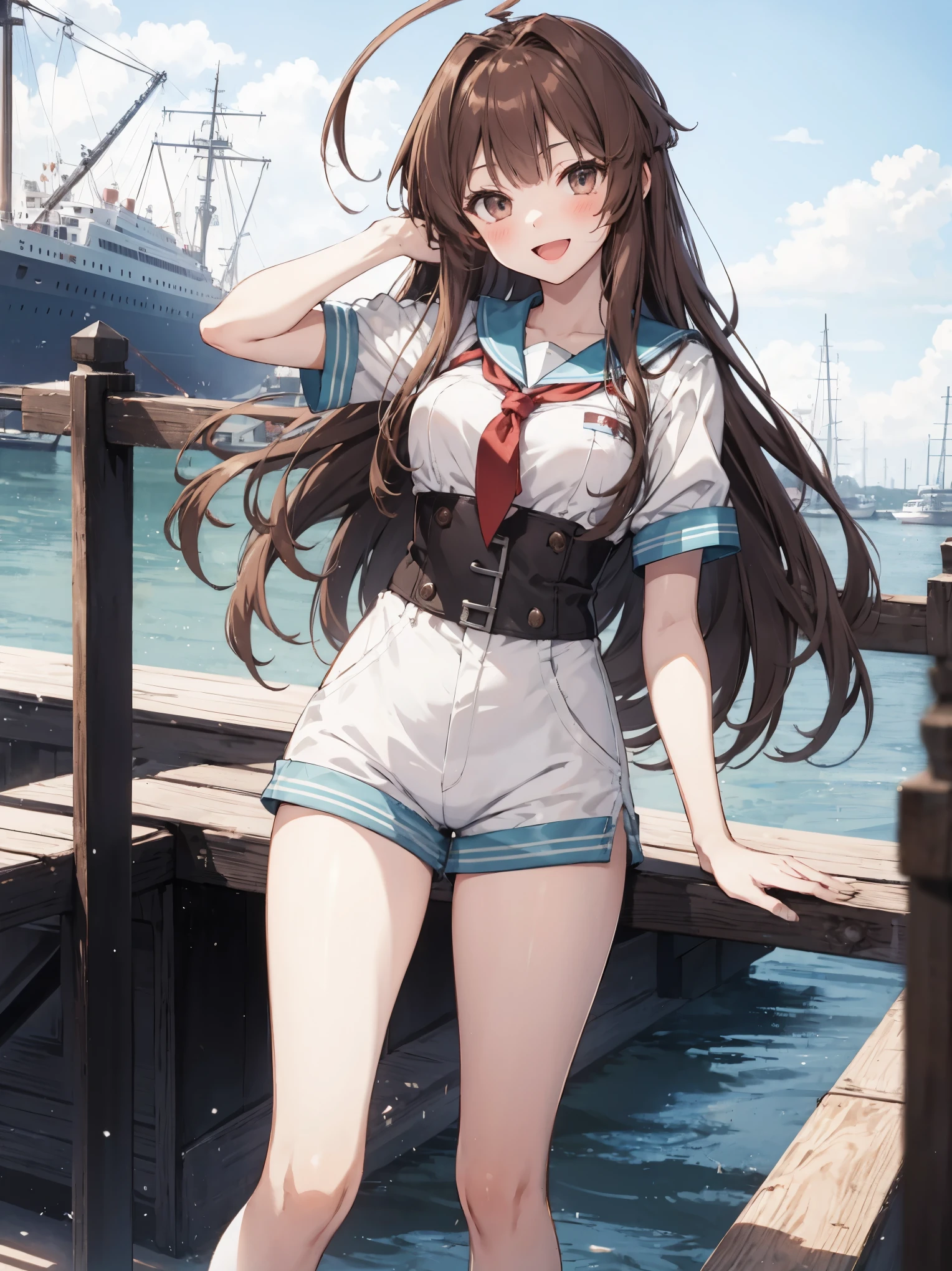 1young__ girl,  brown_hair, long_hair, sailor_uniform,white_ baggy_shorts, short_sleeve, thighs, small_breasts, big_smile, open_mouth, standing, harbor_background, slightly_spread_legs, happiness, covered_crotch,ahoge,XD,exciting,dynamic_posing,solo