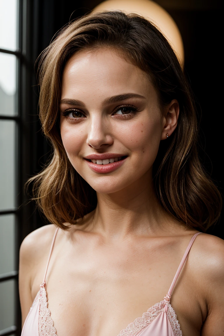 Masterpiece,22 yo, natalie portman , small breast , smiling, cheerful ,white micro slingshot bikini, pink lingerie,3/4 body view, UHD, 8K wallpaper, High resolution), Cinematic lighting, award-winning, extremely detailed skin, extra detailed face, high detail eyes, photo-realistic, Zeiss 85 mm F/1.4, by Ellen von Unwerth,