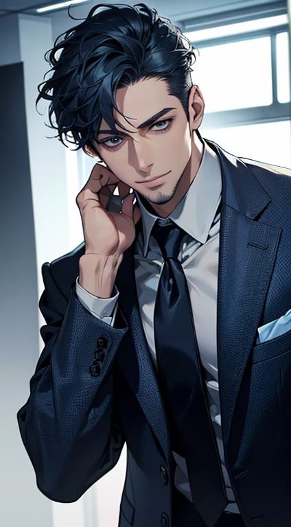 (best quality,4k,8k,highres,masterpiece:1.2),ultra-detailed,(realistic,photorealistic,photo-realistic:1.37),1 man,31 years old,mature man,very handsome,without expression,smile,short blue hair,blue eyes,penetrating gaze,perfect face without errors,imposing posture,businessman,office background,cinematic lighting,hdr image