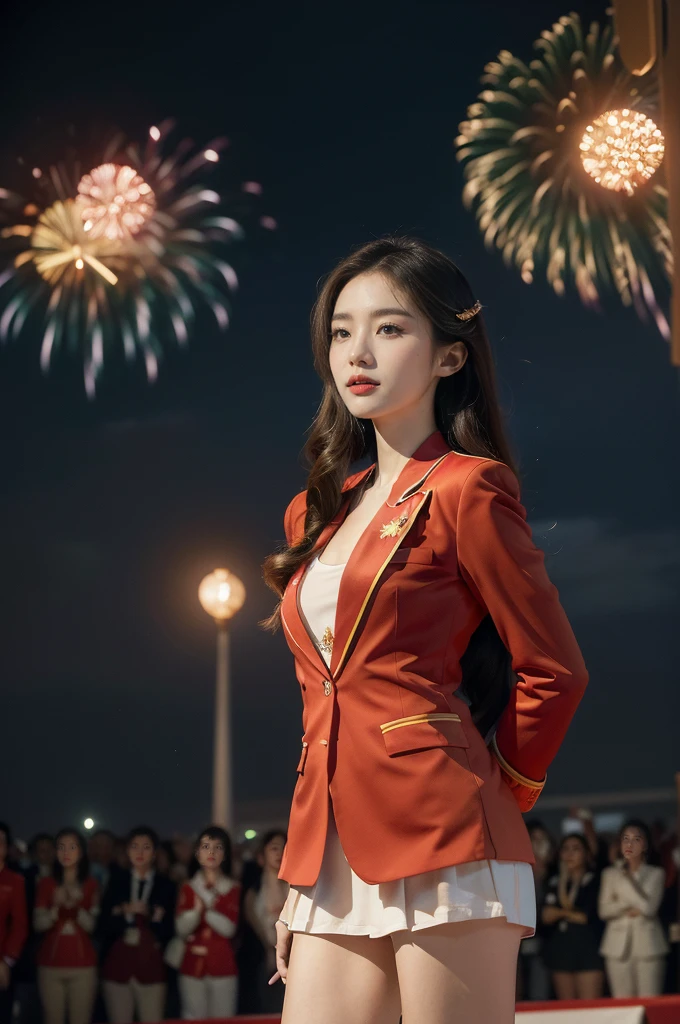 (((best quality))),(((ultra detailed))),(((masterpiece))),illustration, ((Olympic Opening Ceremony,in Paris,summer night,magnificent National stadium of France,Olympic flame, fireworks)),(crowded crowds of enthusiastic spectators:1.3),((a beautiful Chinese girl,solo)),((shoulder length straight hair:1.2)),((slim,thin)),((small breasts,flat chest)),(red blazer:1.5),(yellow dress:1.2),(slender legs:1.2),excited expression, awe, celebrating, electric atmosphere, sense of pride, excitement, playing field, crowd energy, unity, camaraderie, representing China, historic event, memorable moment,((standing,arms behind back)),((from front,upper body))
