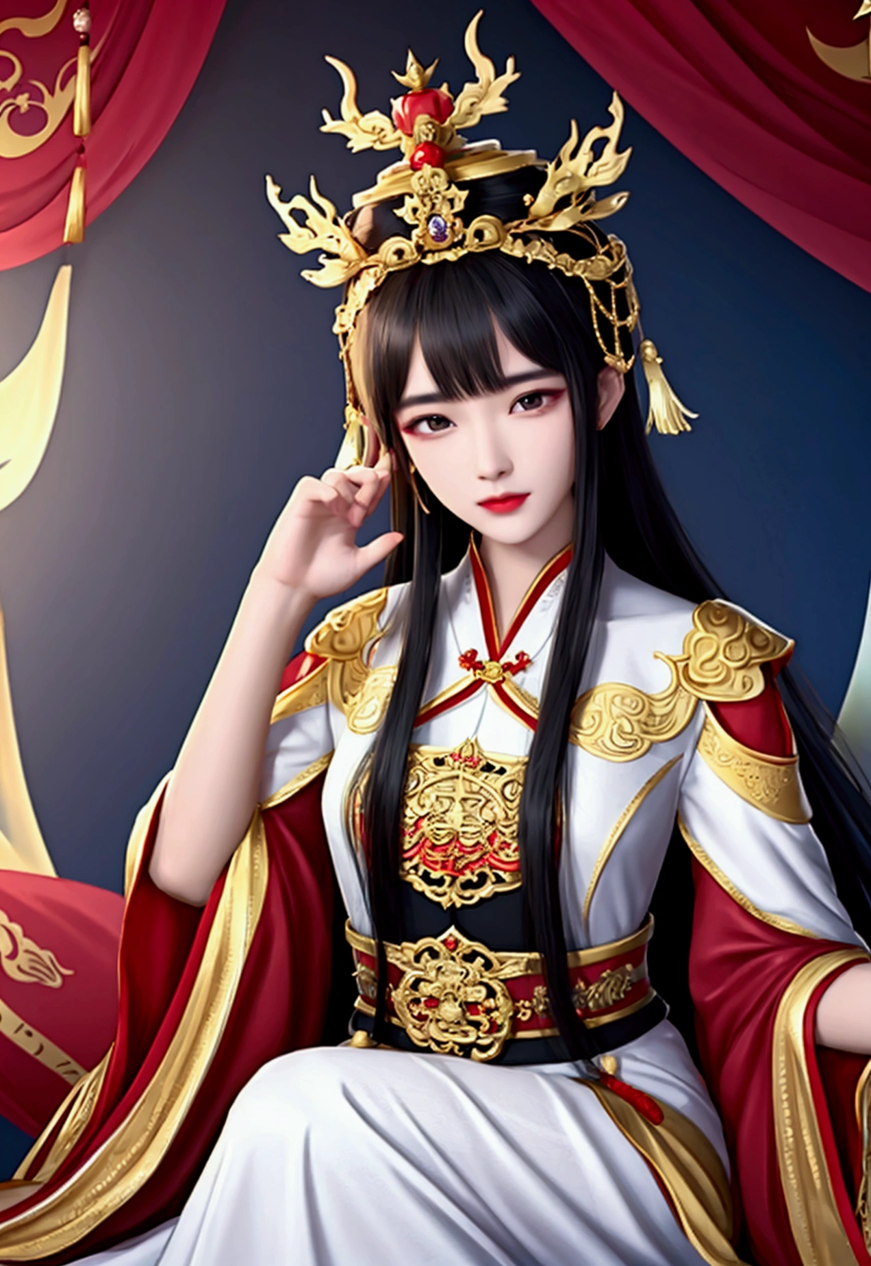 queen of china,wear gold dress,Gold Jewelry,wearing a Chinese emperor hat
