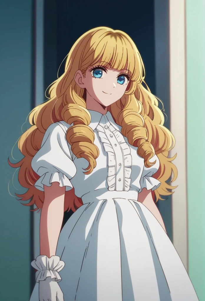 oshi_no_ko_style,blonde curls,sidecurls,fluffy fringe bangs,blue eyes,long eyelashes,cowboyshot,standing,,soft smile,long hair,masterpiece,highres,absurdres,white puffy short sleeves,collared dress,suspender dress,solo,frilled cuffs,frilled blouse,,teen,light blue pinafore dress,frilled wristgloves,