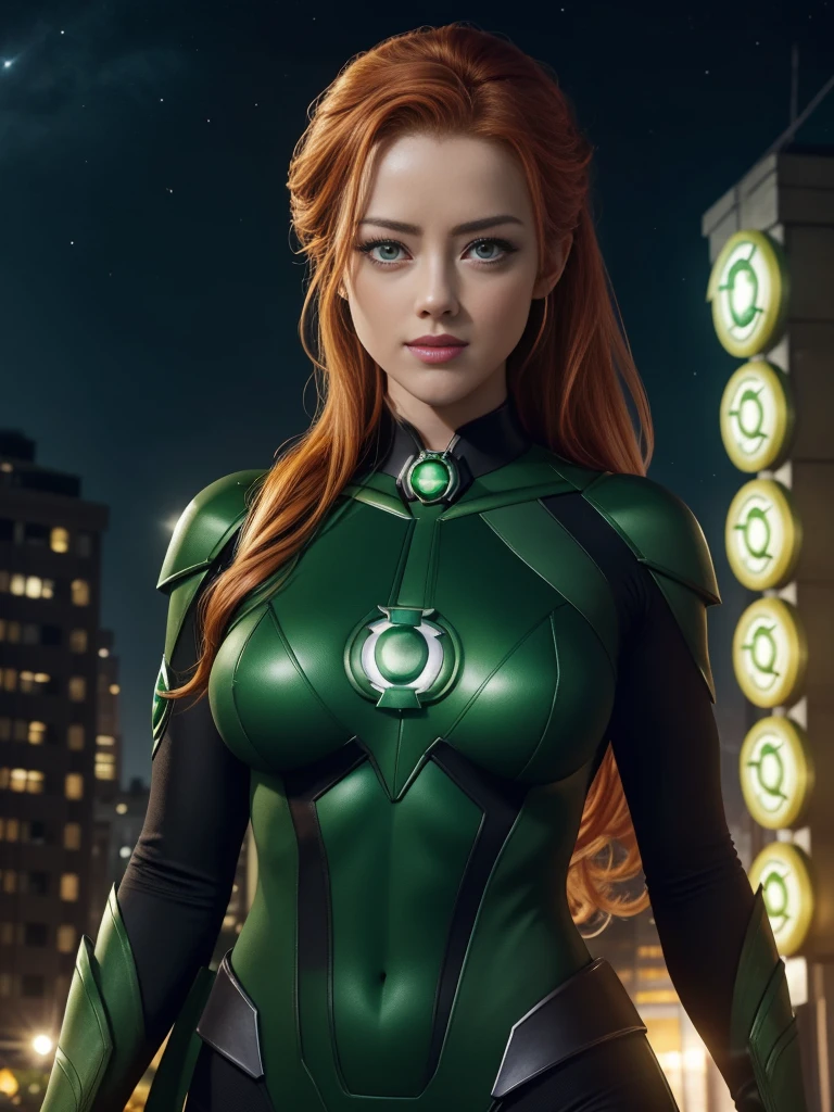 AMBER HEARD, GREEN LANTERN, GREEN LANTERN CORPS costume, anime, medium , perfect face, ginger hair, perfect hands, 5 fingers, seducing smile, v4, 8k, small breasts, (upper body view), light green eyes, Emerald eyes, symbol-shaped pupils, (background: on city building), night light, night, jim lee,