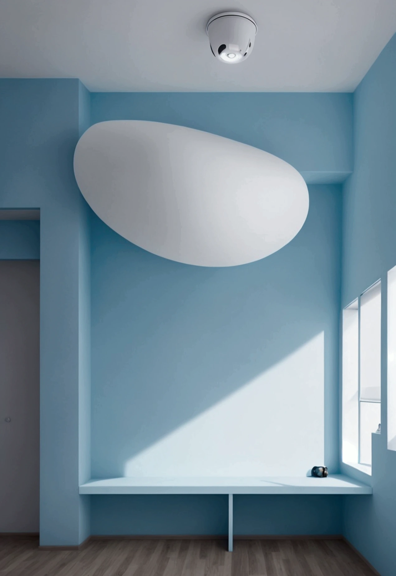 Empty light blue room,Walls on all sides,A huge white pearl is in the middle of the room.,Head-up
