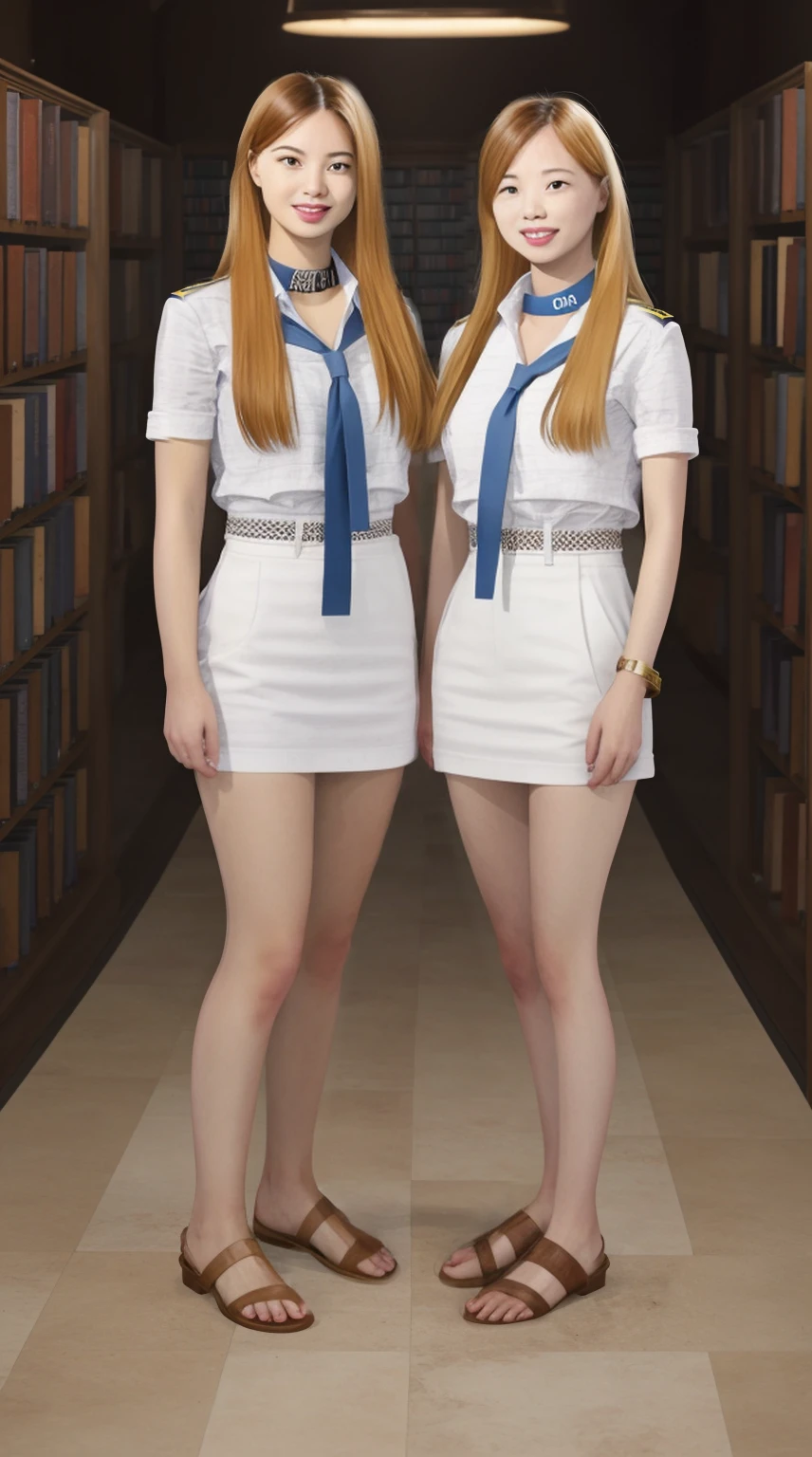Almost identical twin stepdaughters Joey White and Sami White, long blonde hair, White skin, Joey White and Sami White, 2 full body girls, artwork, A beautiful long blonde hair, (fantasy library background), photo shoot erotic, facing the camera,, Girlscout uniform, handcuffs on the legs, cowbell on the neck, happy face, looking at the viewer