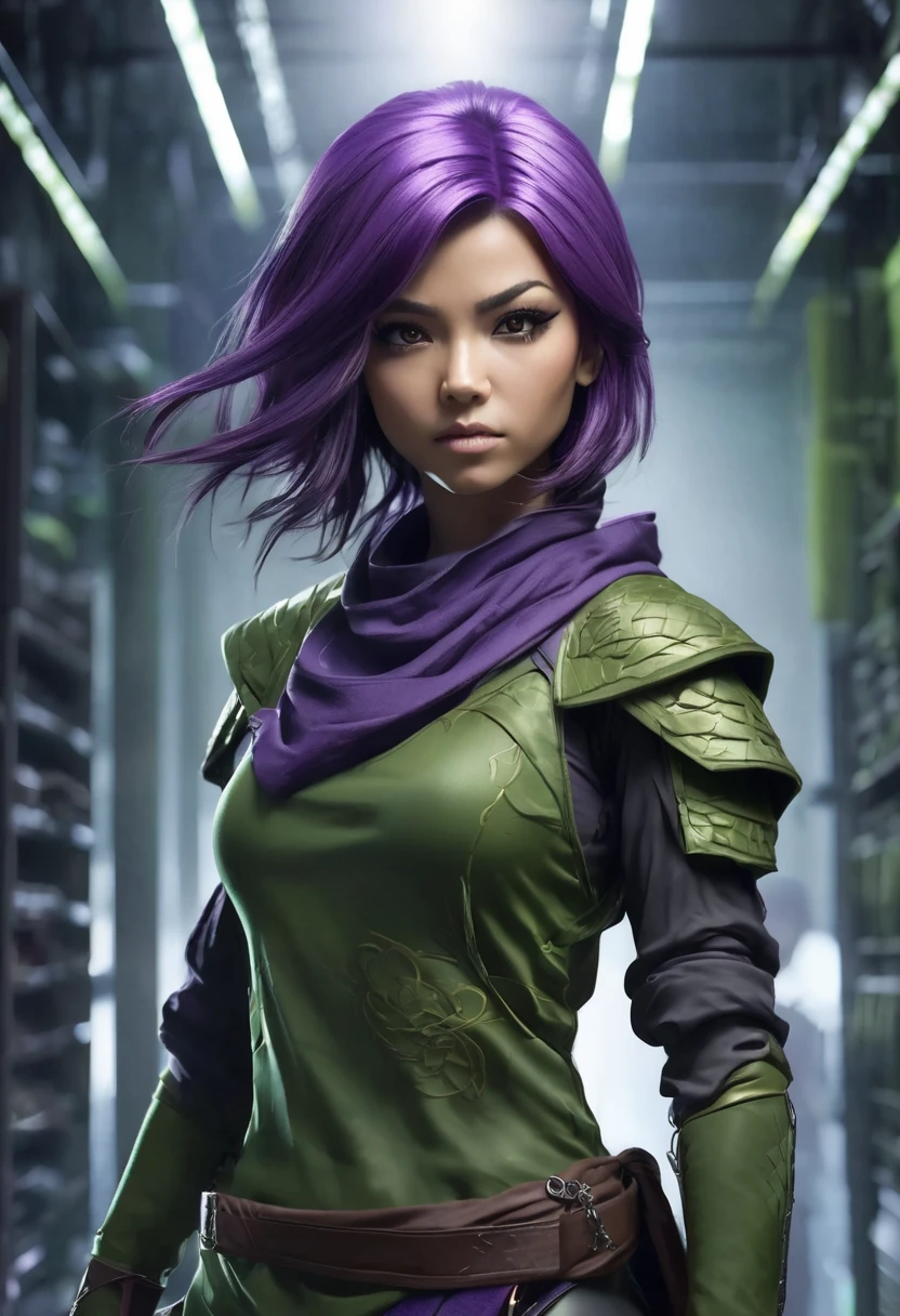 1 woman, inside a hand weapons room, wearing moss green ninja clothing, detailed facial features, feminine brown eyes, detailed light skin, medium length purple hair, image showing full body, fully enclosed outfit, dramatic lighting, cinematic composition , cold palette, dark colors, atmospheric fog, strong body, thin chin, (best quality, 4K, 8K, high resolution, art: 1.2), ultra-detailed, (realistic, photorealistic, photorealistic: 1, 37)