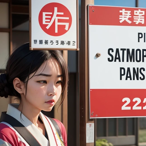 A sign that has a line dividing the sign in half on the left side of the sign written in Portuguese:Women in Japan are turning away from feminism:and on the right side written in Portuguese:July 2024 Season Guide