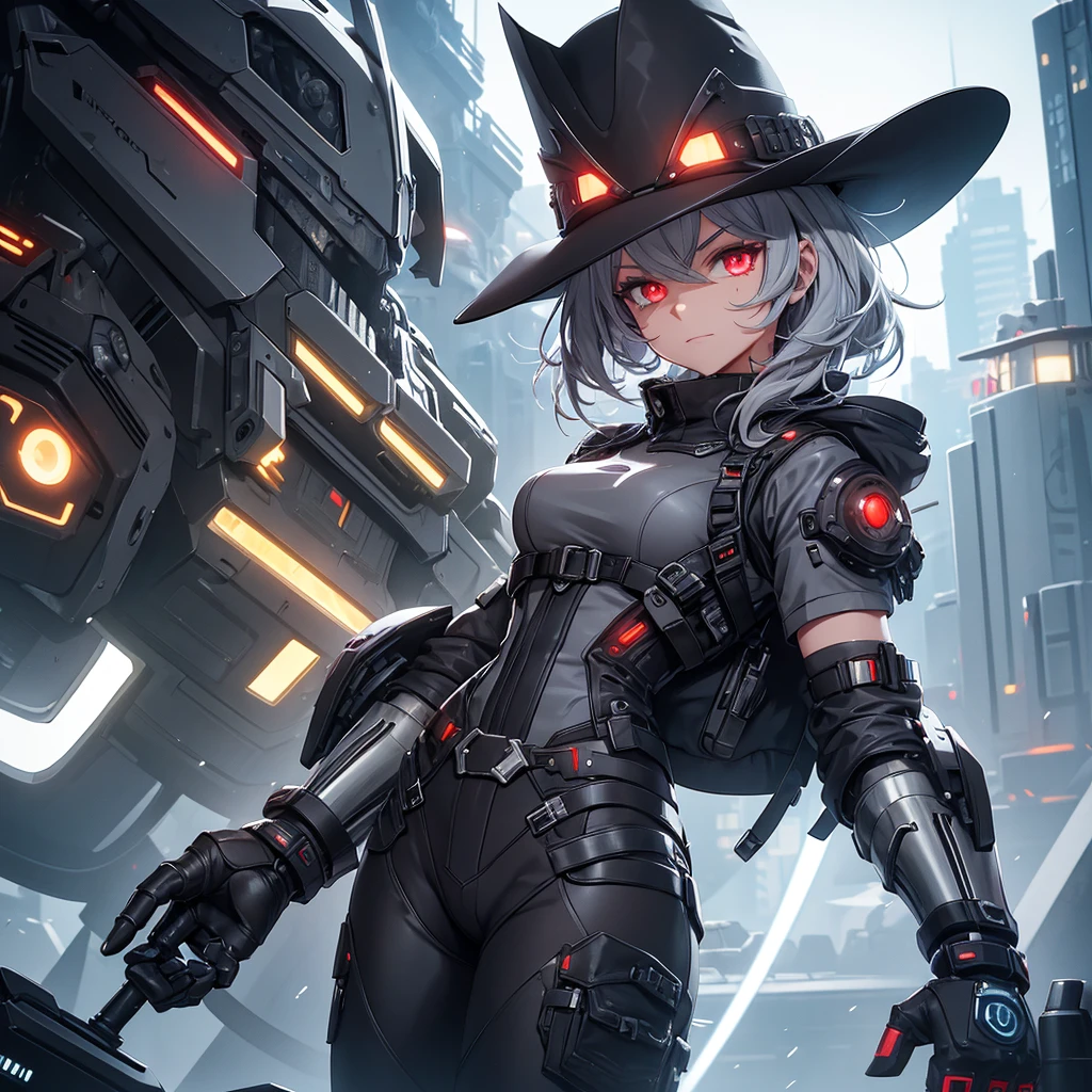 make a futuristic character that has a cowboy hat, mechanical right arm, Eyes red, must be in a futuristic canary, and dark gray hair.