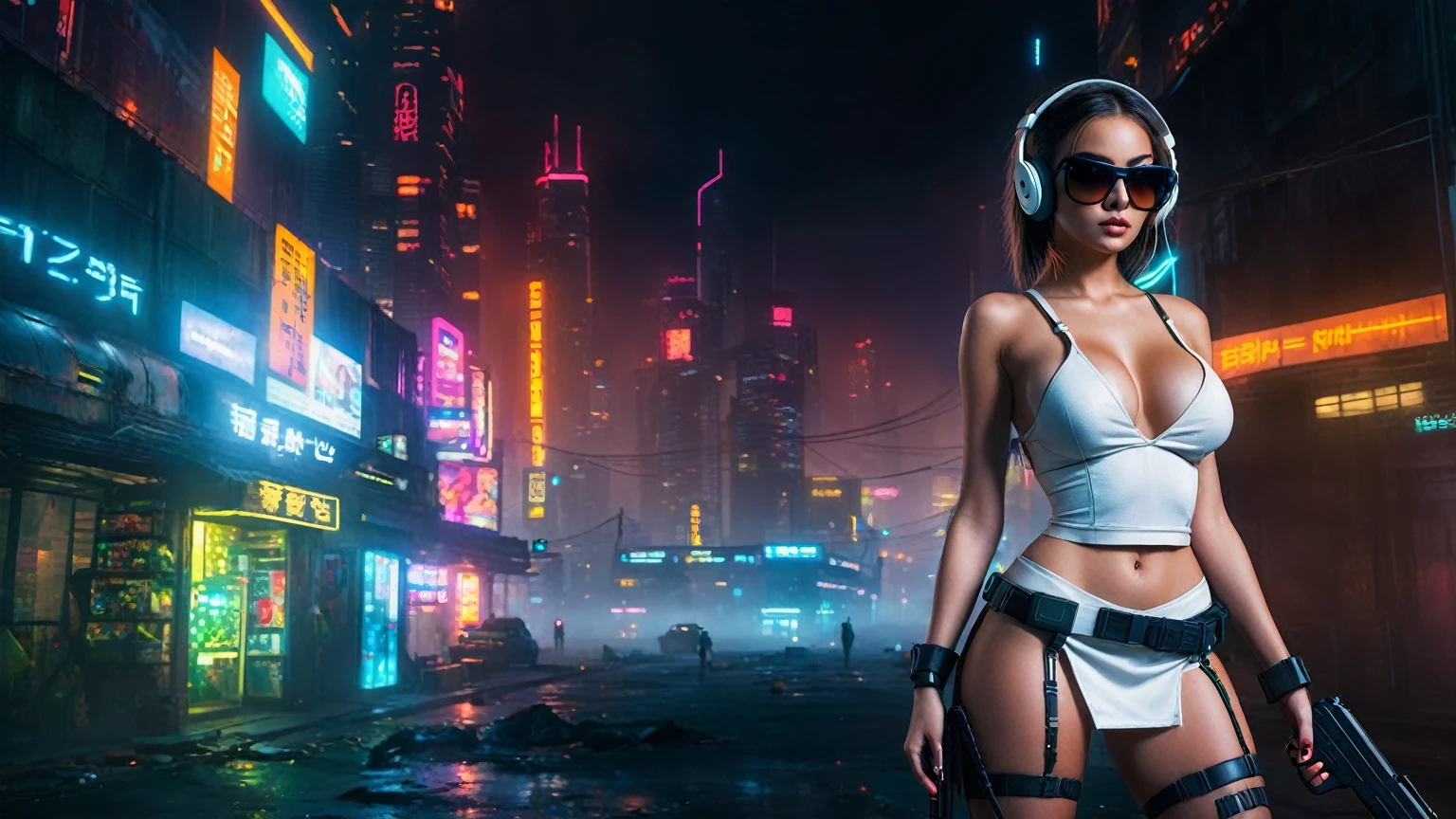dark futuristic landscape, at night, neon lights, Atmospheric fog, large buildings in the background, futuristic city, streets with open shops, skyscraper (postapocalyptic city:1.3). (((1girl, solo, alone))), large-breast:1.2 slim body, cleavage:1.1, sexy miniskirt, (((headphone, black sunglasses, standing and holding pistol pose))), (((half-body thigh level medium shot))), cinematic lighting, lens flare, ray tracing.