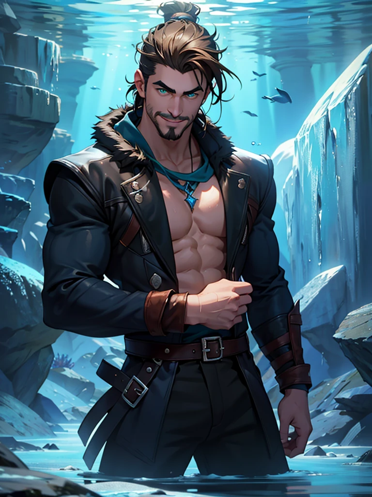 Dark blues colors. In the deep sea frozen waters, a boy is underwater. It is very dark, there is almost no light. He has brown hair held in a manbun, a short mustache and goatee, and green eyes. He has a very hooked nose and kind eyebrows. His face is gentle with angular bone structure and he's smiling gently. He looks relaxed. he wears fur and leather clothe. He wields water and ice magic around him.