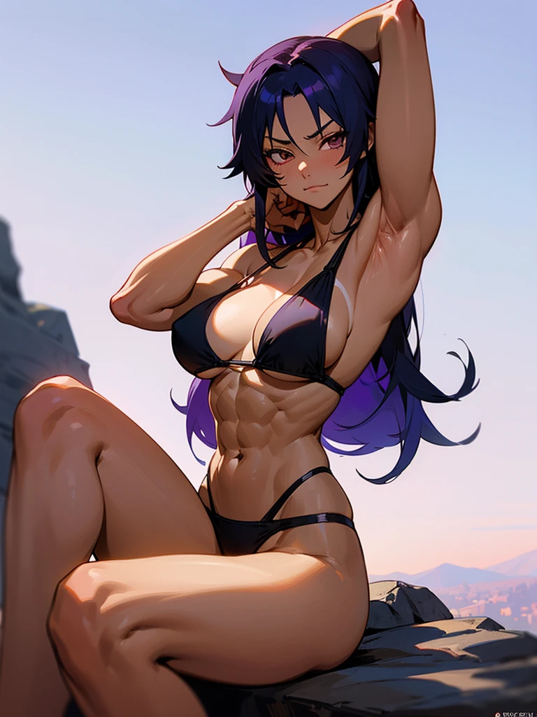 18 year old Yoruichi Shihōin from Bleach with very tanned skin in a purple thong bikini flexing her muscles with her hands behind her head so they are not visible to pridefully show off her rock hard abs and sitting on on a mountain ledge, highly detailed