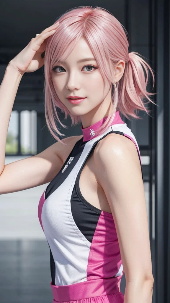 A woman with pink hair and a race queen outfit, Anime realism style, Unreal 5. RPG Portrait, cgsociety portrait, Realistic art style, Smooth anime CG art, Photorealistic Anime Girl Rendering, Realistic anime 3D style, Loss Draw 1. 0, Realistic 3D animation, ArtJam ; 3d unreal engine, Realistic anime art style,The background is suburban,The best smile、Salute pose