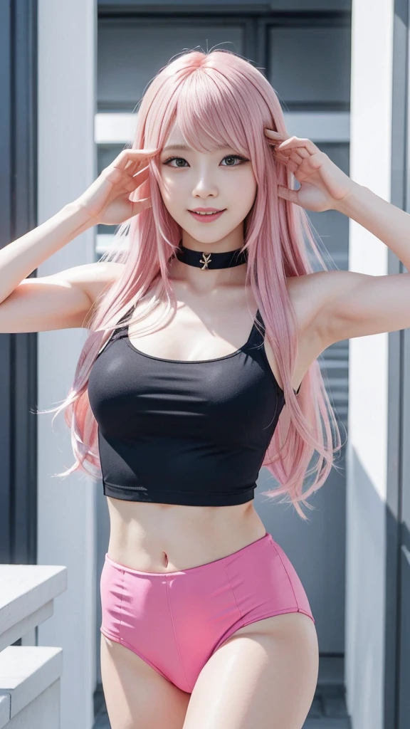 A woman with pink hair and a race queen outfit, Anime realism style, Unreal 5. RPG Portrait, cgsociety portrait, Realistic art style, Smooth anime CG art, Photorealistic Anime Girl Rendering, Realistic anime 3D style, Loss Draw 1. 0, Realistic 3D animation, ArtJam ; 3d unreal engine, Realistic anime art style,The background is suburban,The best smile、Salute pose